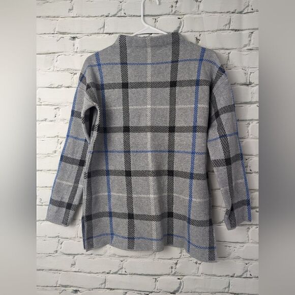 Adrienne Vittadini Knit top, mock neck plaid grey and blue xs - Picture 1 of 8